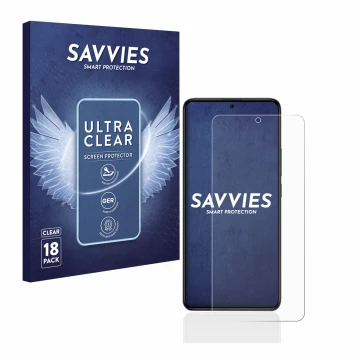 Parte frontal de un envase de producto con el logotipo de la marca Savvies. Al lado se muestra el dispositivo Xiaomi Poco F5 P