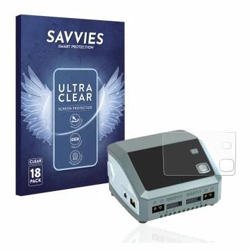 Parte frontal de un envase de producto con el logotipo de la marca Savvies. Al lado se muestra el dispositivo SkyRc D200 neo c
