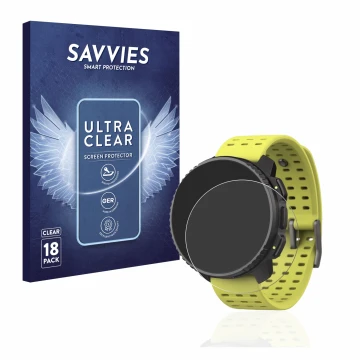 Parte frontal de un envase de producto con el logotipo de la marca Savvies. Al lado se muestra el dispositivo Suunto Vertical 