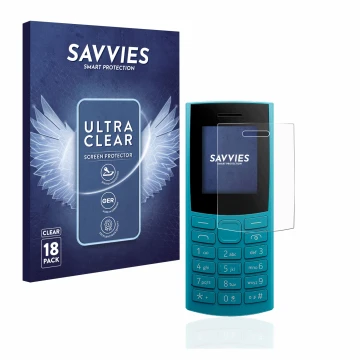 Parte frontal de un envase de producto con el logotipo de la marca Savvies. Al lado se muestra el dispositivo Nokia 105 4G (20