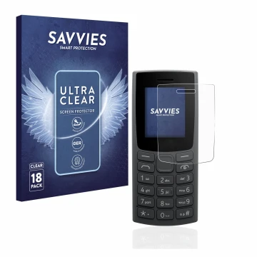Parte frontal de un envase de producto con el logotipo de la marca Savvies. Al lado se muestra el dispositivo Nokia 105 (2023)
