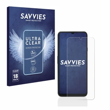 Parte frontal de un envase de producto con el logotipo de la marca Savvies. Al lado se muestra el dispositivo Cubot P80 con su