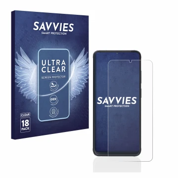 Parte frontal de un envase de producto con el logotipo de la marca Savvies. Al lado se muestra el dispositivo Cubot X70 con su