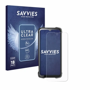 Parte frontal de un envase de producto con el logotipo de la marca Savvies. Al lado se muestra el dispositivo Cubot King Kong 
