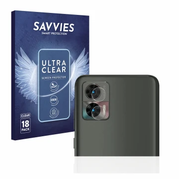 Parte frontal de un envase de producto con el logotipo de la marca Savvies. Al lado se muestra el dispositivo Motorola Edge 30