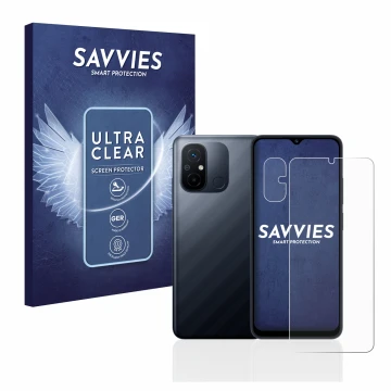 Parte frontal de un envase de producto con el logotipo de la marca Savvies. Al lado se muestra el dispositivo Xiaomi Redmi 12C
