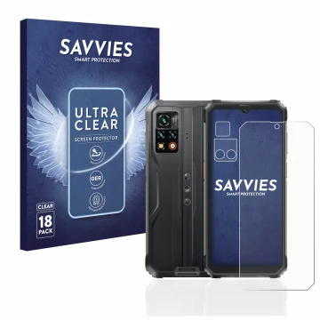 Parte frontal de un envase de producto con el logotipo de la marca Savvies. Al lado se muestra el dispositivo Blackview BV9200