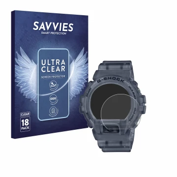 Parte frontal de un envase de producto con el logotipo de la marca Savvies. Al lado se muestra el dispositivo Casio G-Shock DW