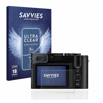 Parte frontal de un envase de producto con el logotipo de la marca Savvies. Al lado se muestra el dispositivo Leica Q3 con su 