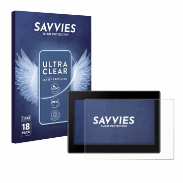 Parte frontal de un envase de producto con el logotipo de la marca Savvies. Al lado se muestra el dispositivo Garmin Drive 53 