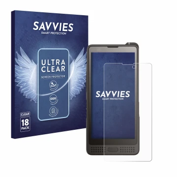Parte frontal de un envase de producto con el logotipo de la marca Savvies. Al lado se muestra el dispositivo Sonim XP10 con s