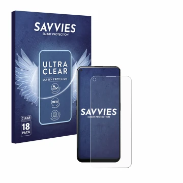 Parte frontal de un envase de producto con el logotipo de la marca Savvies. Al lado se muestra el dispositivo Unihertz Luna co
