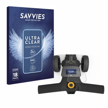 Parte frontal de un envase de producto con el logotipo de la marca Savvies. Al lado se muestra el dispositivo PowaKaddy FX3 co