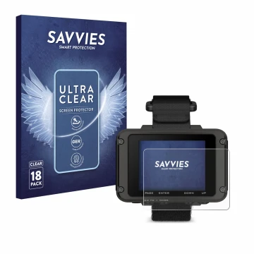 Parte frontal de un envase de producto con el logotipo de la marca Savvies. Al lado se muestra el dispositivo Garmin Foretrex 