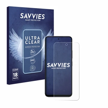 Parte frontal de un envase de producto con el logotipo de la marca Savvies. Al lado se muestra el dispositivo Xiaomi Redmi 12 