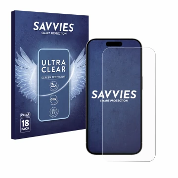 Parte frontal de un envase de producto con el logotipo de la marca Savvies. Al lado se muestra el dispositivo Apple iPhone 15 