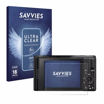 Parte frontal de un envase de producto con el logotipo de la marca Savvies. Al lado se muestra el dispositivo Sony ZV-1M2 con 
