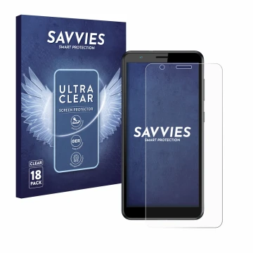 Parte frontal de un envase de producto con el logotipo de la marca Savvies. Al lado se muestra el dispositivo ZTE Blade A31 co