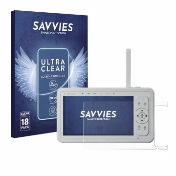 Parte frontal de un envase de producto con el logotipo de la marca Savvies. Al lado se muestra el dispositivo Babysense HD S2 