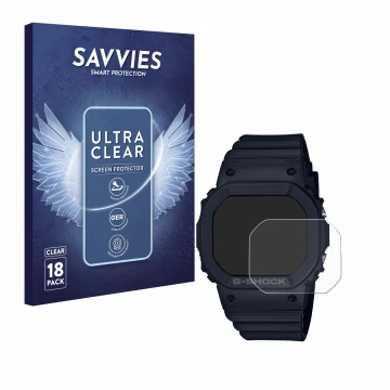 Parte frontal de un envase de producto con el logotipo de la marca Savvies. Al lado se muestra el dispositivo Casio G-Shock GM
