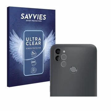 Parte frontal de un envase de producto con el logotipo de la marca Savvies. Al lado se muestra el dispositivo Gigaset GS5 Lite