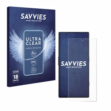Parte frontal de un envase de producto con el logotipo de la marca Savvies. Al lado se muestra el dispositivo ZTE Nubia Red Ma