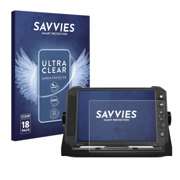 Parte frontal de un envase de producto con el logotipo de la marca Savvies. Al lado se muestra el dispositivo Lowrance Elite F