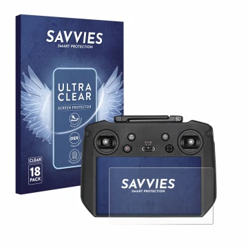 Parte frontal de un envase de producto con el logotipo de la marca Savvies. Al lado se muestra el dispositivo DJI Mavic 3 RC P