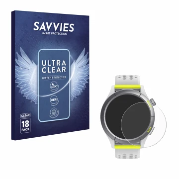 Parte frontal de un envase de producto con el logotipo de la marca Savvies. Al lado se muestra el dispositivo Huami Amazfit Ch