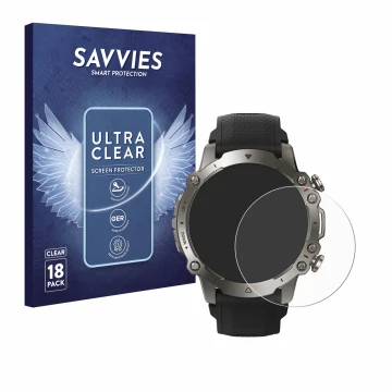 Parte frontal de un envase de producto con el logotipo de la marca Savvies. Al lado se muestra el dispositivo Huami Amazfit Fa