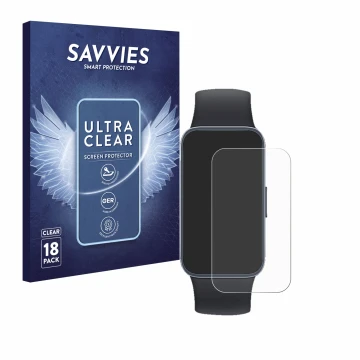 Parte frontal de un envase de producto con el logotipo de la marca Savvies. Al lado se muestra el dispositivo Huawei Band 8 co