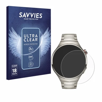 Parte frontal de un envase de producto con el logotipo de la marca Savvies. Al lado se muestra el dispositivo Huawei Watch 4 P
