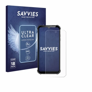 Parte frontal de un envase de producto con el logotipo de la marca Savvies. Al lado se muestra el dispositivo Oukitel WP22 con