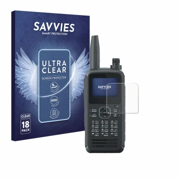 Parte frontal de un envase de producto con el logotipo de la marca Savvies. Al lado se muestra el dispositivo Kenwood TH-D75E 