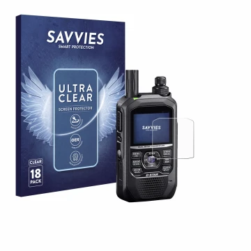 Parte frontal de un envase de producto con el logotipo de la marca Savvies. Al lado se muestra el dispositivo Icom ID-50E con 