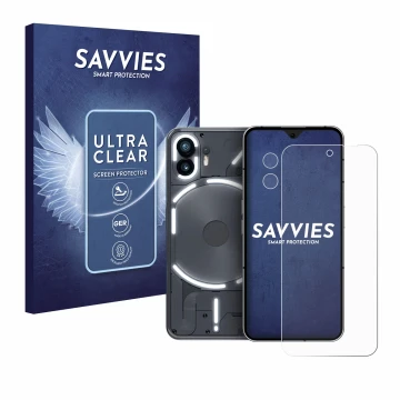 Parte frontal de un envase de producto con el logotipo de la marca Savvies. Al lado se muestra el dispositivo Nothing Phone (2