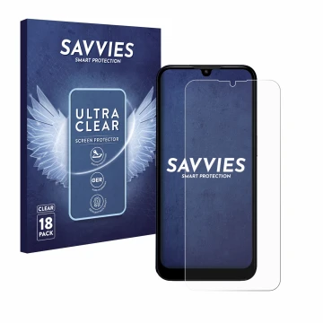 Parte frontal de un envase de producto con el logotipo de la marca Savvies. Al lado se muestra el dispositivo Doro 8200 con su