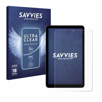 Parte frontal de un envase de producto con el logotipo de la marca Savvies. Al lado se muestra el dispositivo Alldocube iPlay 