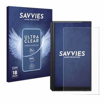 Parte frontal de un envase de producto con el logotipo de la marca Savvies. Al lado se muestra el dispositivo FiiO M11s con su