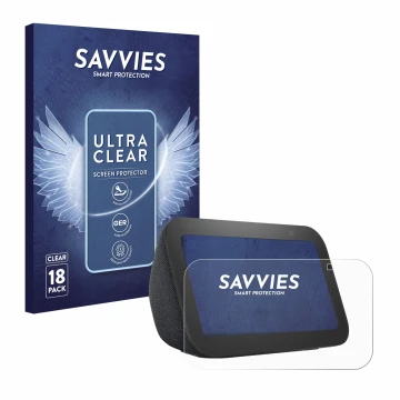 Parte frontal de un envase de producto con el logotipo de la marca Savvies. Al lado se muestra el dispositivo Amazon Echo Show