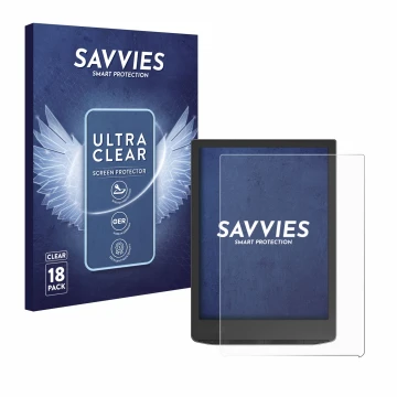 Parte frontal de un envase de producto con el logotipo de la marca Savvies. Al lado se muestra el dispositivo PocketBook InkPa