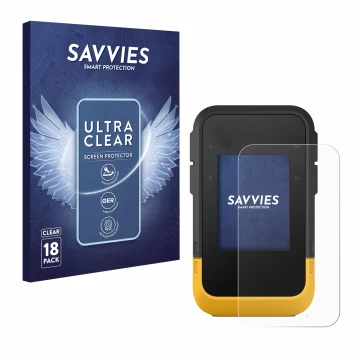 Parte frontal de un envase de producto con el logotipo de la marca Savvies. Al lado se muestra el dispositivo Garmin eTrex SE 