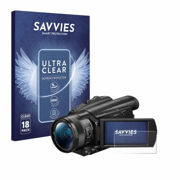 Parte frontal de un envase de producto con el logotipo de la marca Savvies. Al lado se muestra el dispositivo Sony FDR-AX700 c