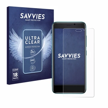 Parte frontal de un envase de producto con el logotipo de la marca Savvies. Al lado se muestra el dispositivo Cubot J 20 con s