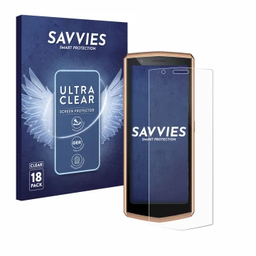 Parte frontal de un envase de producto con el logotipo de la marca Savvies. Al lado se muestra el dispositivo Cubot Pocket 3 c