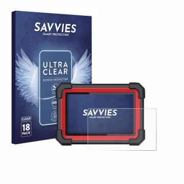 Parte frontal de un envase de producto con el logotipo de la marca Savvies. Al lado se muestra el dispositivo Launch X-431 CRP