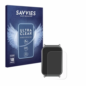 Parte frontal de un envase de producto con el logotipo de la marca Savvies. Al lado se muestra el dispositivo Xiaomi Mi Band 8