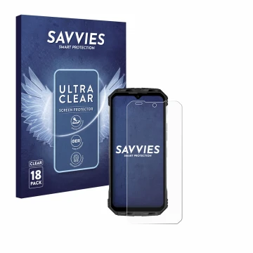 Parte frontal de un envase de producto con el logotipo de la marca Savvies. Al lado se muestra el dispositivo Doogee S110 con 