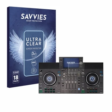 Parte frontal de un envase de producto con el logotipo de la marca Savvies. Al lado se muestra el dispositivo Denon DJ SC LIVE