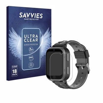 Parte frontal de un envase de producto con el logotipo de la marca Savvies. Al lado se muestra el dispositivo Beafon Kids Watc